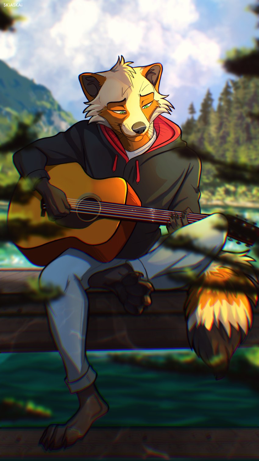 acoustic_guitar anthro bottomwear clothing denim denim_bottomwear denim_clothing forest fur guitar hoodie jeans lake male mountain musical_instrument pants pier plant plucked_string_instrument sitting sitting_on_ground solo string_instrument topwear tree water wilderness skiaskai legend_of_ahya max_thrash mammal procyonid raccoon 9:16 digital_media_(artwork) full-length_portrait hi_res portrait