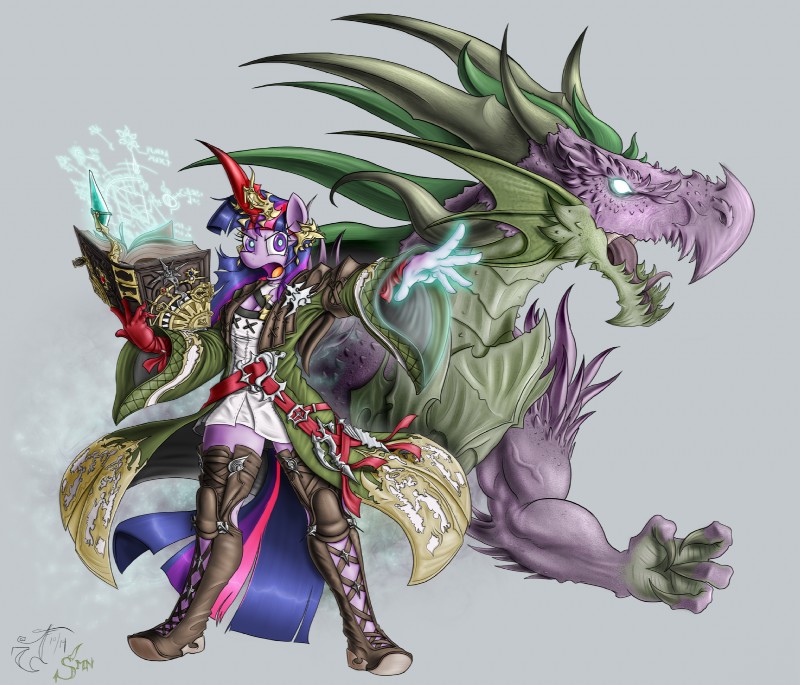 anthro anthrofied belt book boots claws clothing duo female footwear gloves glowing glowing_eyes gold_(metal) grey_background hair handwear horn legwear magic magic_circle magic_user male multicolored_hair no_pupils open_mouth ornate purple_body purple_eyes purple_hair purple_scales robe scales shoes simple_background spines standing thigh_boots thigh_highs tome tongue two_tone_hair vein blackmorass final_fantasy final_fantasy_xiv friendship_is_magic hasbro my_little_pony mythology square_enix mage_(final_fantasy) spike_(mlp) summoner_(final_fantasy) twilight_sparkle_(mlp) dragon equid equine mammal mythological_creature mythological_equine mythological_scalie scalie unicorn 2014 crossover hi_res