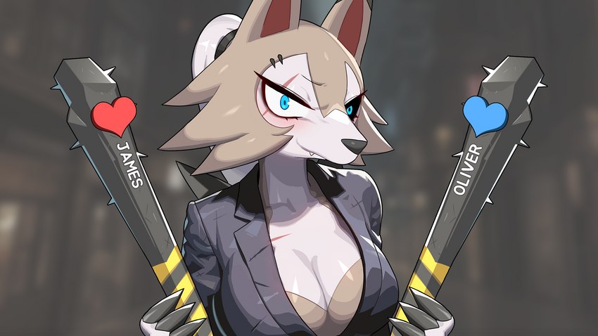 anthro blue_eyes blush breasts cleavage clothed clothing collarbone eyebrow_piercing facial_piercing female fur holding_object piercing solo drunk_oak nintendo pokemon generation_7_pokemon lycanroc midday_lycanroc pokemon_(species) 16:9 2023 hi_res widescreen