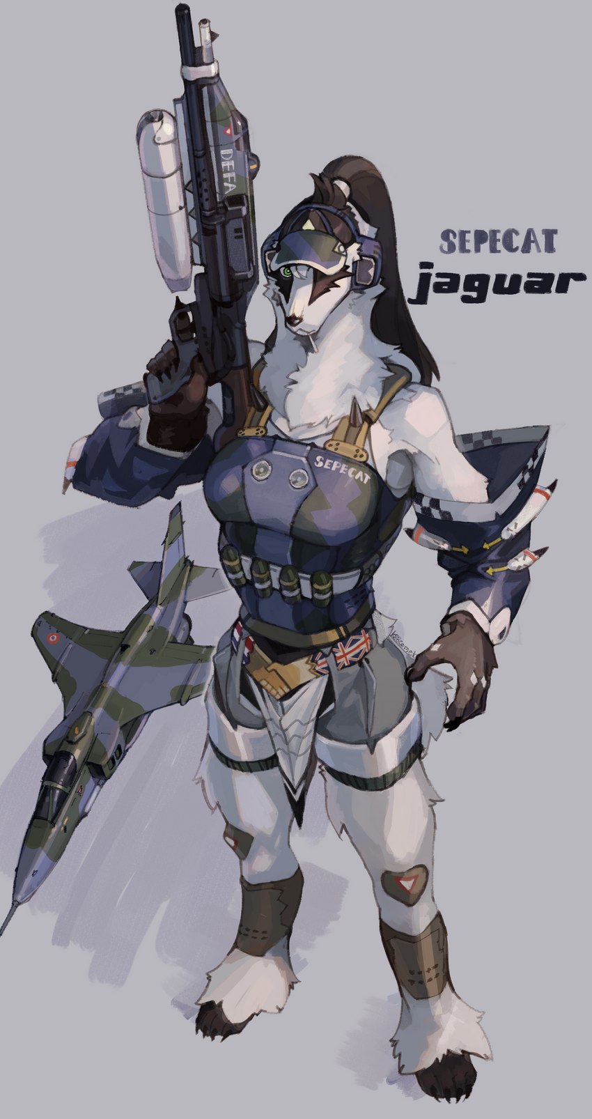 aircraft anthro biped breasts clothed clothing electronics female fluffy fur hair headphones holding_object holding_weapon looking_at_viewer ponytail ranged_weapon solo standing vehicle visor weapon hideki_kaneda badger mammal mustelid musteline digital_media_(artwork) hi_res