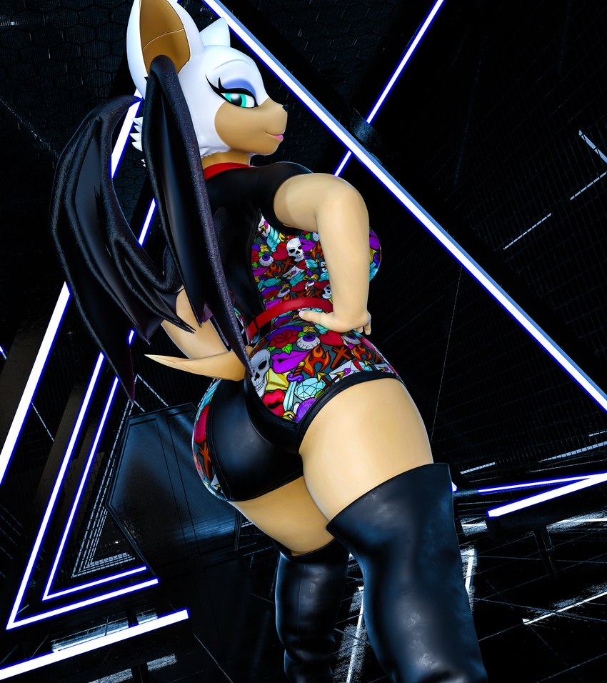 anthro big_butt black_clothing butt clothing female legwear looking_at_viewer romper_suit smile smiling_at_viewer solo thick_thighs thigh_highs tight_clothing wings bustin3d sega sonic_the_hedgehog_(series) rouge_the_bat warfare_rouge bat mammal 3d_(artwork) absurd_res digital_media_(artwork) hi_res