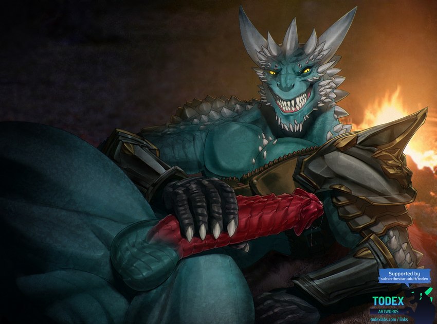 5_fingers anthro arm_spikes armor balls bodily_fluids campfire chest_spike chin_spikes clothing erection facial_spikes fingers gauntlets genital_fluids genitals gloves green_body green_scales grey_spikes grin handwear head_spikes holding_penis horn jaw_spikes leather leather_armor logo male muscular muscular_male neck_spikes penis precum pupils red_penis scaled_balls scales shoulder_spikes slit_pupils smile solo spikes spikes_(anatomy) text yellow_eyes todex paragon subscribestar zarus_(predecessor) lizard lizardman reptile scalie 2024 artist_logo digital_media_(artwork) hi_res url