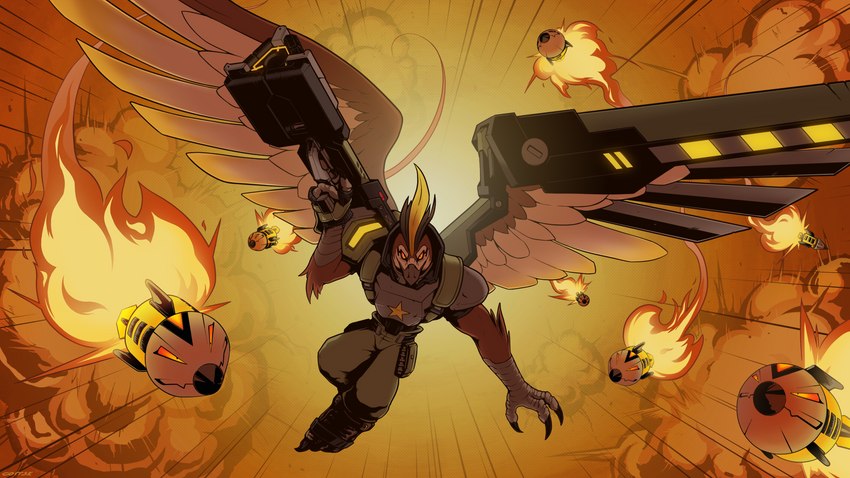 anthro armor beak clothed clothing explosion feathered_wings feathers gun holding_object holding_weapon looking_at_viewer male prosthetic prosthetic_wing ranged_weapon rocket rocket_launcher simple_background solo weapon wings corrsk battleborn benedict_(battleborn) accipitrid accipitriform avian bird 16:9 digital_media_(artwork) hi_res widescreen