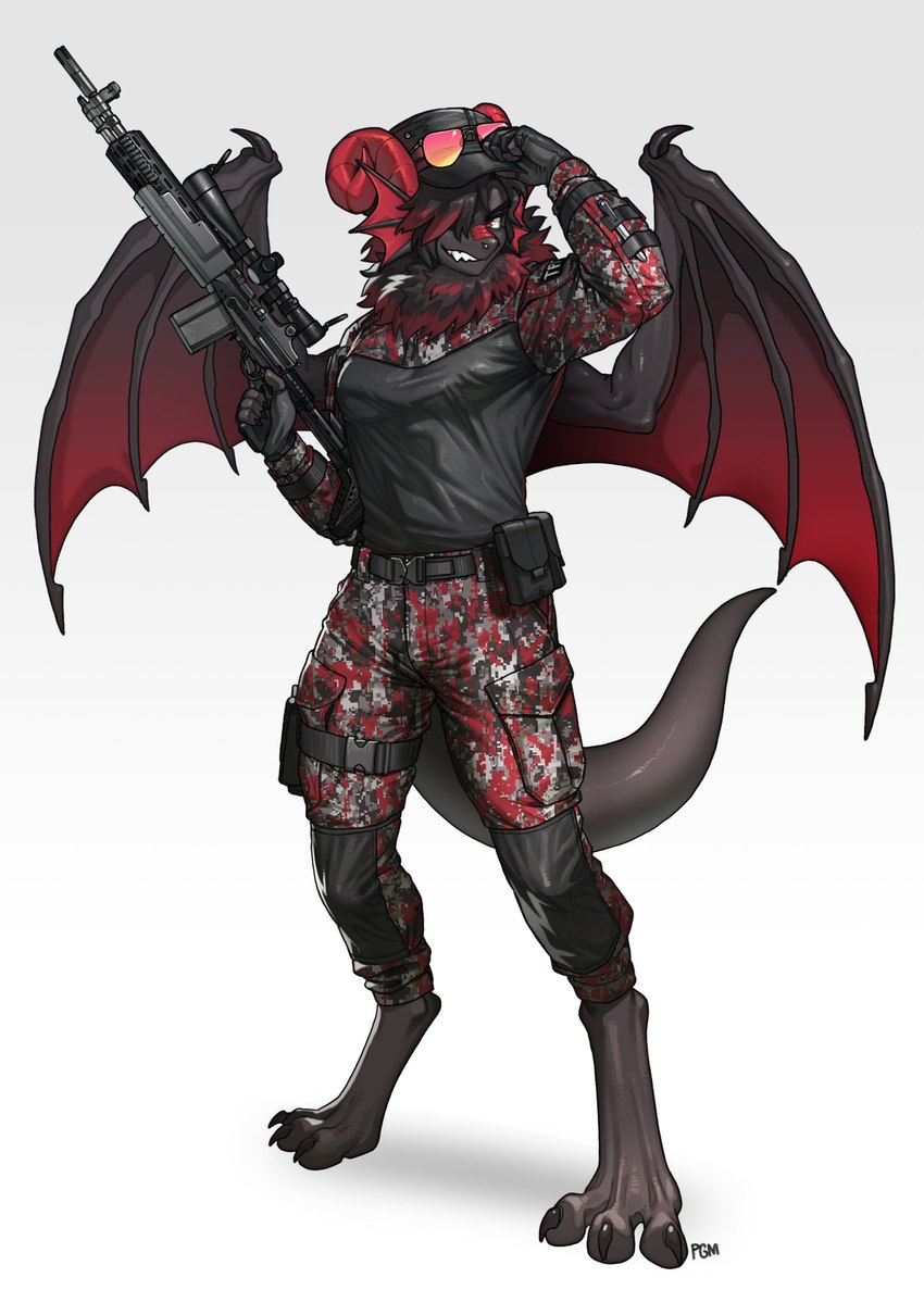 anthro belt black_hair camo camo_clothing camo_print clothing curved_horn digitigrade eyebrows eyewear feet frill_(anatomy) gloves gun hair handwear hat headgear headwear highlights_(coloring) horn m14_ebr male membrane_(anatomy) membranous_wings neck_tuft pattern_clothing ranged_weapon red_eyes red_highlights rifle scope solo sunglasses tuft weapon wings pgm300 mythology dragon mythological_creature mythological_scalie scalie 2024 absurd_res hi_res