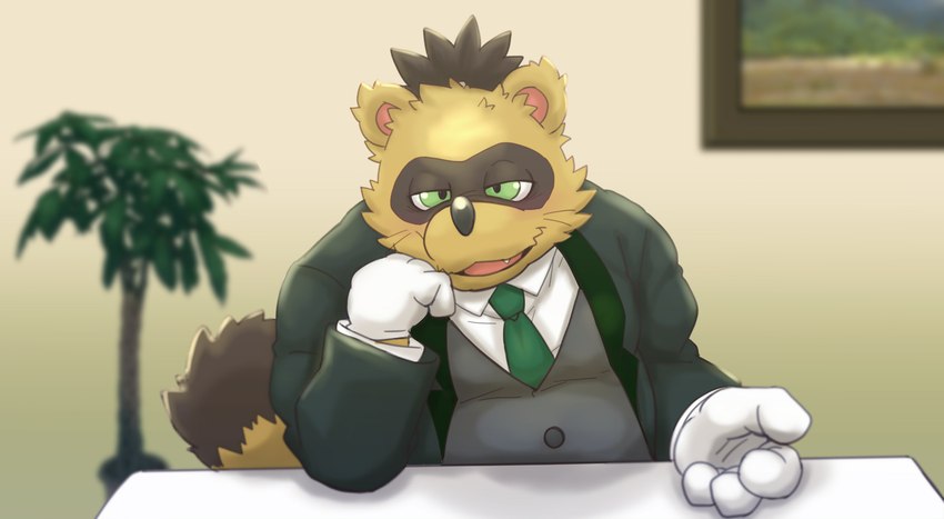 anthro belly black_nose brown_body brown_fur clothing fur green_eyes humanoid_hands kemono male necktie overweight overweight_male plant shirt solo topwear rockmai3 sengoku_puzzle tokugawa_ieyasu canid canine mammal raccoon_dog tanuki 2023 absurd_res hi_res