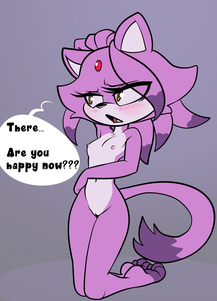 anthro blush breasts dialogue eyelashes feet female foot_markings genitals hair_down kneeling leg_markings markings navel nipples nude open_mouth purple_body pussy question small_breasts solo strip_game tail tail_markings baebot sega sonic_the_hedgehog_(series) blaze_the_cat domestic_cat felid feline felis mammal 2023 absurd_res hi_res