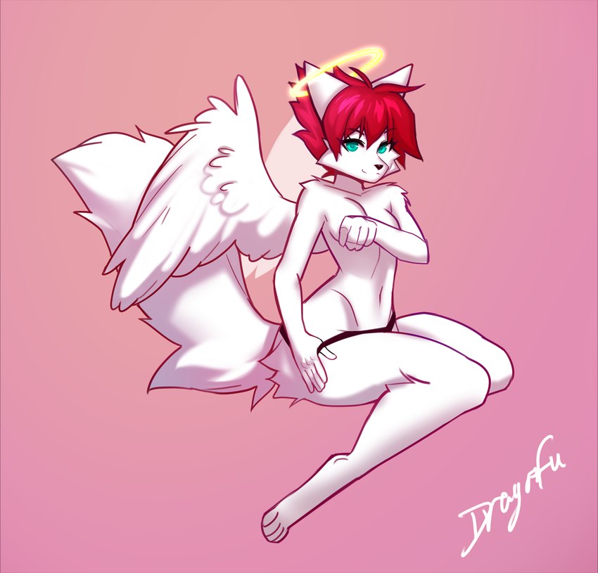 anthro black_nose breasts clothed clothing covering covering_breasts feathered_wings feathers female fluffy fluffy_tail fur green_eyes hair halo navel panties red_hair solo tail topless underwear undressing white_body white_fur wings dragonfu kira_sher canid canine canis mammal wolf hi_res