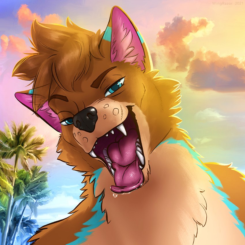 anthro bedroom_eyes blue_eyes brown_body brown_fur cloud detailed_background fur male narrowed_eyes open_mouth palm_tree pink_ears plant seductive sky solo teeth tongue tree duskinwolf canid canine canis mammal wolf 1:1 hi_res