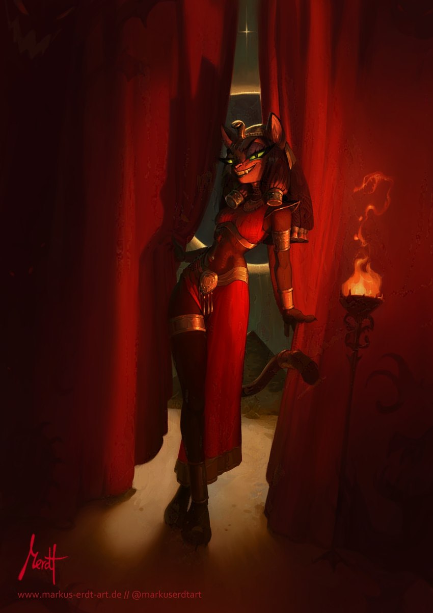 anthro armlet bracelet braided_hair clothing egyptian egyptian_clothing egyptian_headdress female green_eyes hair jewelry legband looking_at_viewer solo tail thighband torch markuserdtart disney disney's_aladdin mirage_(disney) felid feline mammal adversarial_noise hi_res