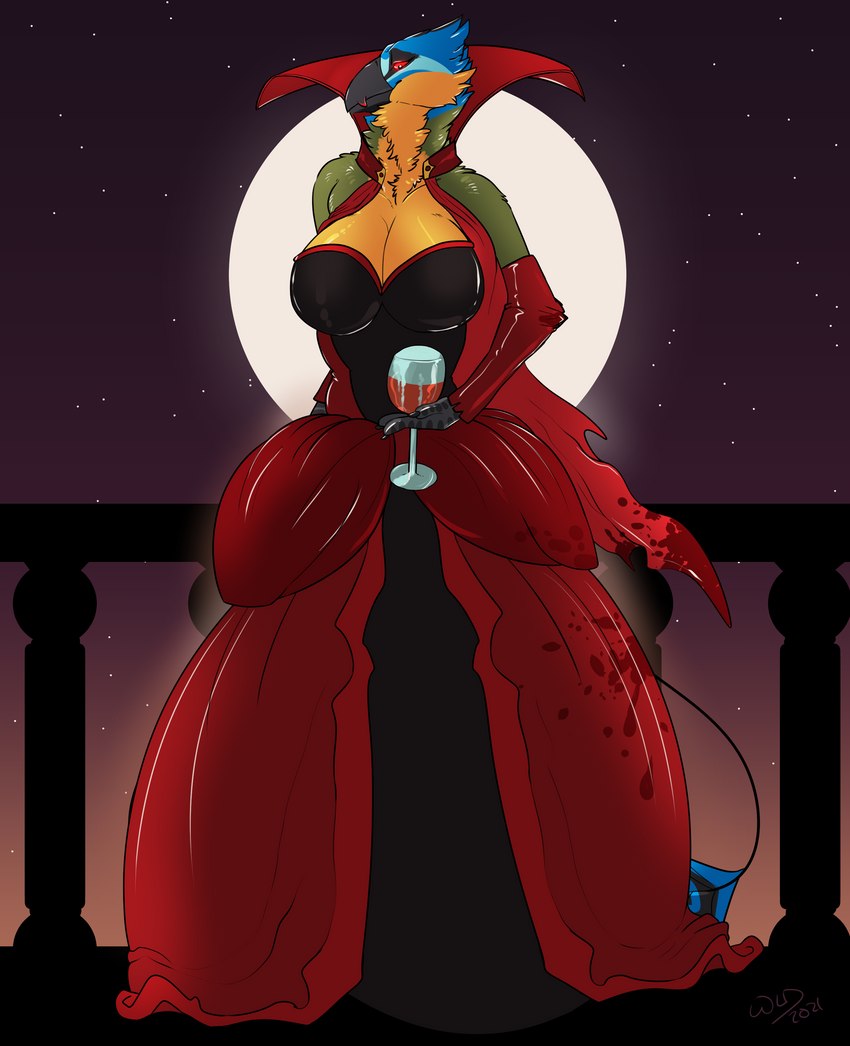 alcohol anthro ball_gown beverage big_breasts blood bodily_fluids breasts clothing dress female glowing glowing_eyes moon non-mammal_breasts solo wine wanderlustdragon seljhet avian bird coraciiform motmot trinidad_motmot vampire absurd_res hi_res