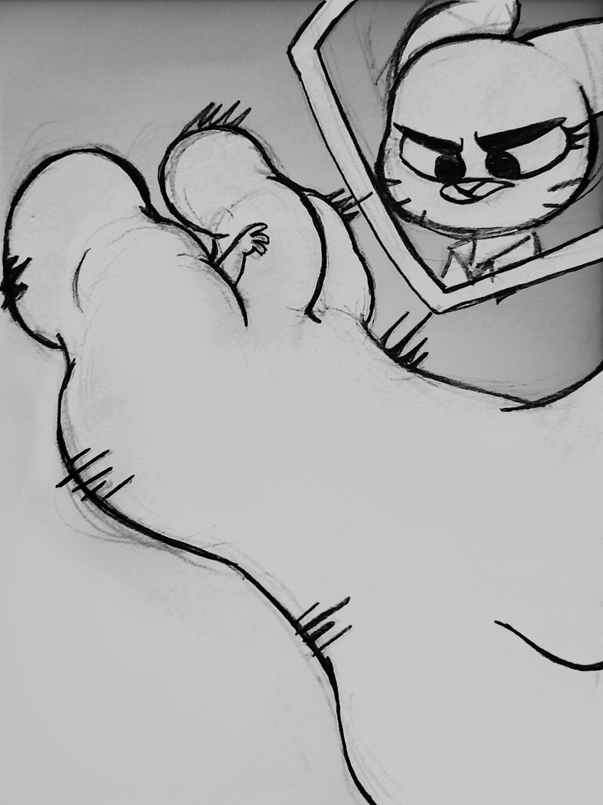 3_toes anthro duo extreme_size_difference feet female foot_fetish foot_focus foot_play humanoid_feet macro male male/female micro plantigrade size_difference soles stomping toes underfoot chchellyme cartoon_network the_amazing_world_of_gumball nicole_watterson felid feline mammal mouse murid murine rodent hi_res monochrome