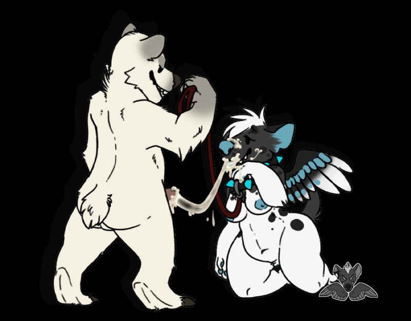 anthro backsack balls bodily_fluids breasts chibi collar cum cum_on_face dominant dominant_male duo female genital_fluids genitals leash male male/female simple_background slightly_chubby smile transparent_background wings magpiehyena andybear magpiehyena_(character) bear hybrid hyena mammal polar_bear spotted_hyena ursine alpha_channel