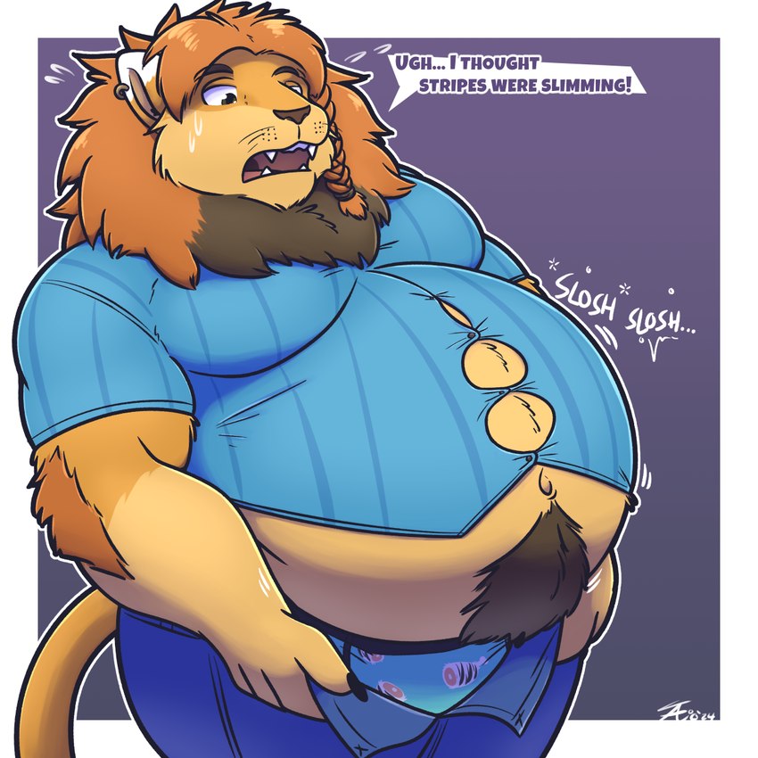 anthro belly belly_fur big_belly bottomwear braided_hair clothing ear_piercing food hair male meat pants piercing rumbling_stomach shirt simple_background solo text topwear underwear tanio felid lion mammal pantherine 1:1 2024 english_text hi_res