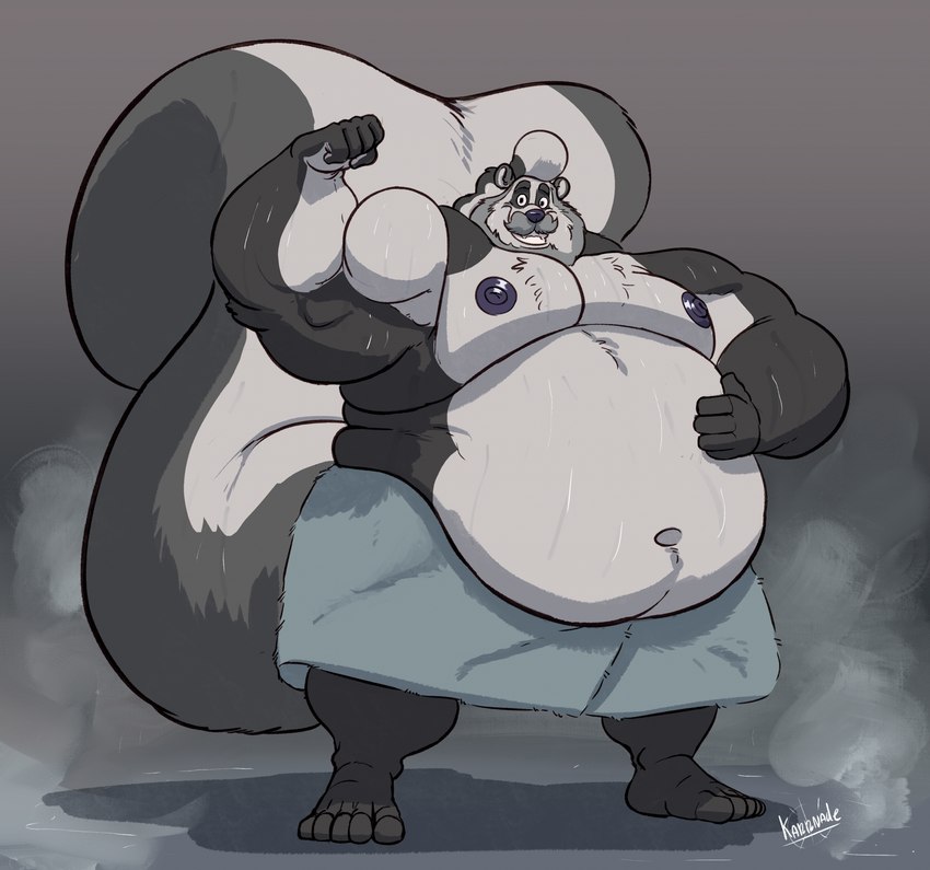 anthro beard belly belly_overhang big_belly big_cheeks big_tail clothed clothing facial_hair fat_rolls flexing flexing_bicep grin hand_on_belly huge_belly huge_tail hyper hyper_tail male moobs muscular muscular_anthro muscular_male mustache navel nipples obese obese_anthro obese_male overweight overweight_anthro overweight_male simple_background smile solo steam tail topless towel towel_only water_on_body karrnade mammal mephitid skunk 2025 hi_res signature