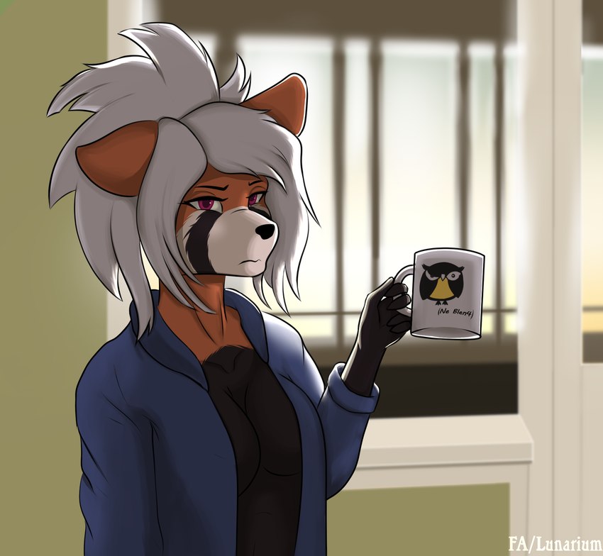 anthro bathrobe clothing container cup female hair morning purple_eyes robe simple_background solo white_hair lunarium hibi_(kamikas) ailurid mammal red_panda hi_res