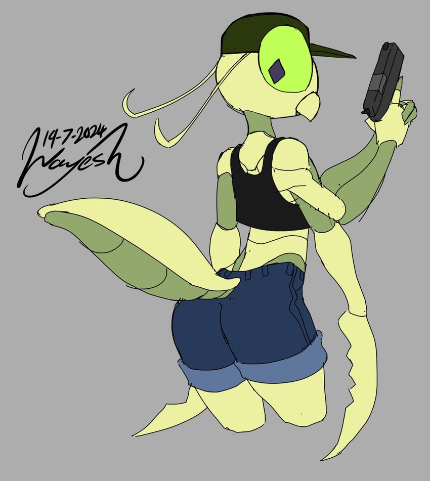 3_fingers 4_arms antennae_(anatomy) anthro arthropod_abdomen baseball_cap bottomwear clothed clothed_andromorph clothed_anthro clothing crop_top denim denim_bottomwear denim_clothing denim_shorts diamond_pupils femboy fingers green_body green_sclera gun hat headgear headwear holding_gun holding_object holding_ranged_weapon holding_weapon hotpants mandibles midriff multi_arm multi_limb pupils purple_pupils ranged_weapon shirt shorts slim slim_andromorph slim_anthro slim_sub solo standing topwear weapon yellow_body wayesh daniel_(wayesh) arthropod insect mantis hi_res signature