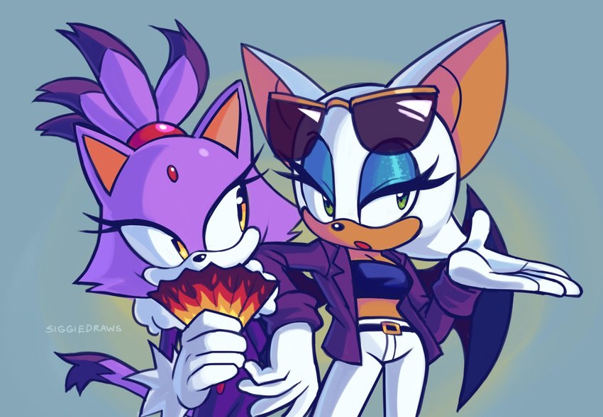 anthro breasts clothing duo eyeshadow eyewear eyewear_on_head female fur gloves handwear makeup narrowed_eyes purple_body purple_fur simple_background sunglasses sunglasses_on_head tan_body tan_skin white_body white_fur wings siggiedraws sega sonic_the_hedgehog_(series) the_murder_of_sonic_the_hedgehog blaze_the_cat rouge_the_bat bat felid feline mammal 2023 signature