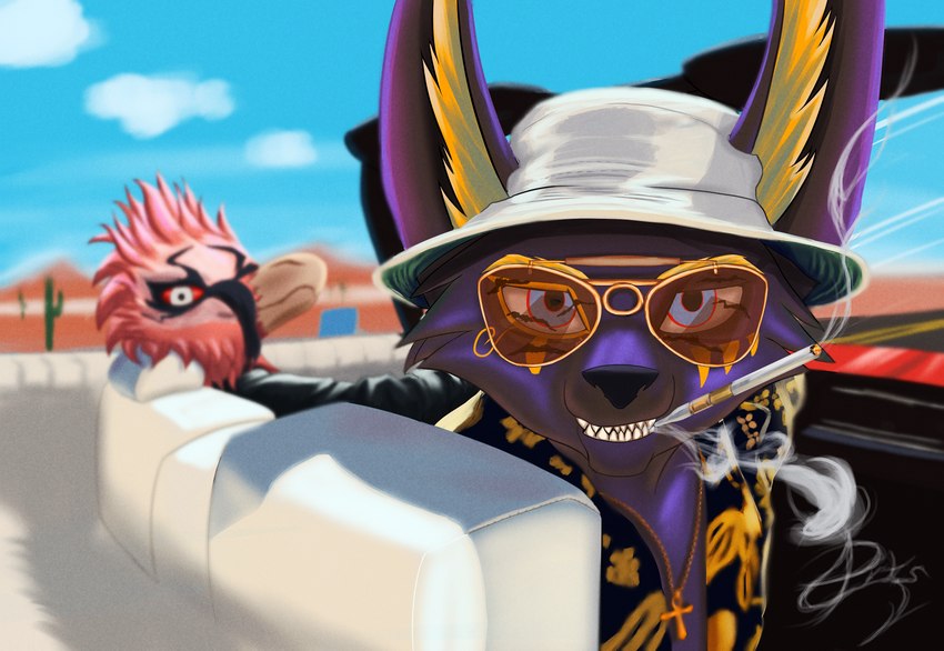 anthro cigarette cigarette_in_mouth desert duo eyewear looking_at_viewer male object_in_mouth sunglasses teeth thed4rk1ord cadillac egyptian_mythology fear_and_loathing_in_las_vegas middle_eastern_mythology mythology anubis osiris_(thed4rk1ord) accipitriform anubian_jackal avian bird canid canine canis deity jackal mammal vulture hi_res