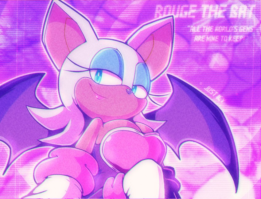 anthro armwear breasts brown_body brown_skin clothing elbow_gloves eyeshadow female fur gloves handwear makeup narrowed_eyes smile solo text white_body white_fur wings just_icy sega sonic_the_hedgehog_(series) rouge_the_bat bat mammal english_text hi_res signature