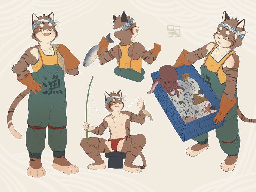 anthro asian_clothing brown_body brown_fur bulge clothing east_asian_clothing fishing fishing_rod fundoshi fur holding_object japanese_clothing male multiple_poses pose sitting solo tail underwear enokorogusa2 domestic_cat felid feline felis mammal 2024 4:3 hi_res