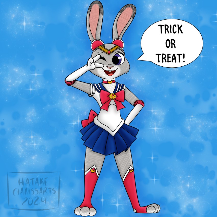 anthro clothing costume female holidays solo hatakeclarissarts disney halloween inktober sailor_moon_(series) zootopia judy_hopps lagomorph leporid mammal rabbit 1:1 hi_res