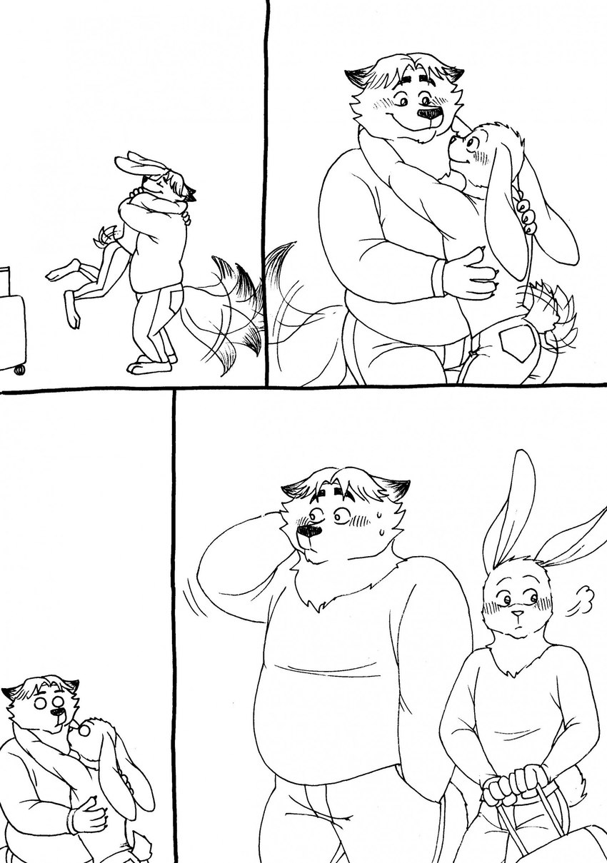 anthro belly blush bottomwear clothing duo embarrassed hug male male/male overweight overweight_male pants shirt tail tail_motion tailwag topwear bernielover disney zootopia fan_character gideon_grey nate_hopps canid canine fox lagomorph leporid mammal rabbit red_fox true_fox 2023 hi_res monochrome