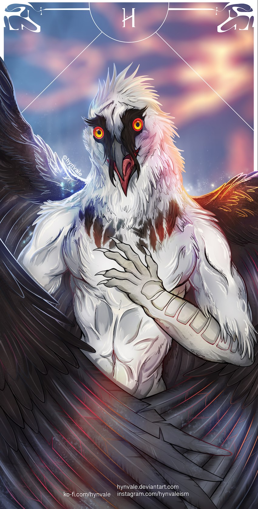 abstract_background angry anthro beak biceps blurred_background brown_body claws clothing feathered_wings feathers feet horror_(theme) legwear looking_at_viewer male male_anthro muscular muscular_anthro muscular_male muscular_thighs nature nature_background open_mouth pose red_eyes scary simple_background smile smirk solo talons thigh_highs toes white_body wide_chest wings yellow_eyes hynvale daithi_(inquisitiorialtrooper) accipitrid accipitriform avian bearded_vulture bird old_world_vulture vulture hi_res