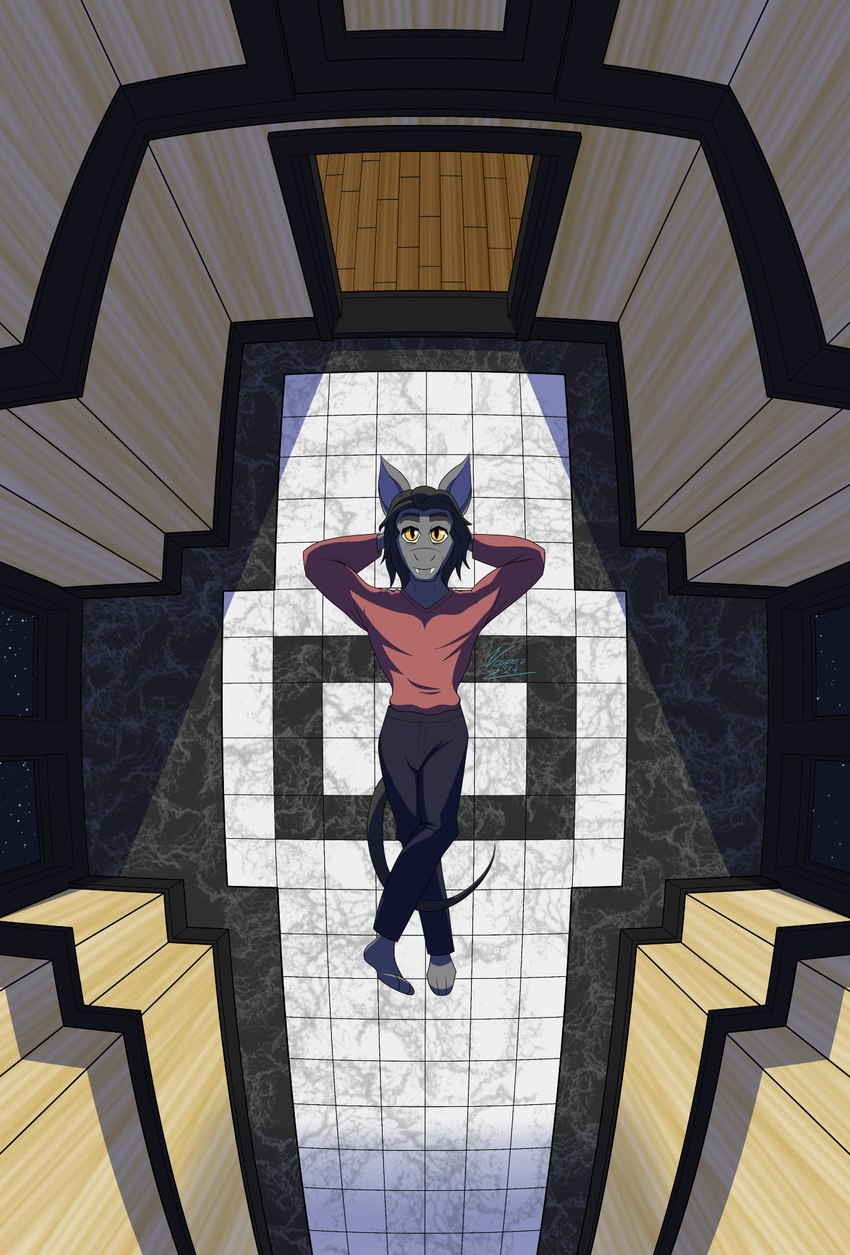 anthro bottomwear clothing doorway fangs floating floor grey_body hallway looking_at_viewer male night orange_eyes pants perspective smile smiling_at_viewer solo star surrealism sweater tail teeth tile tile_floor topwear wall_panel window wood wood_floor vesper_thee_bat vesper_thee_bat_(character) bat mammal 2024 better_version_at_source cel_shading hi_res shaded