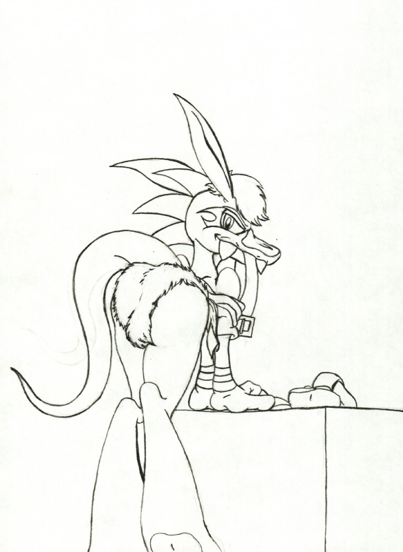 anthro ass_up belt big_spikes bottomwear bulge butt clothing digitigrade hair head_spikes loincloth looking_at_viewer overbite pose presenting simple_background solo spikes spikes_(anatomy) teeth undressing naivintage nivanne kobold scalie pouch_(disambiguation) hi_res sketch