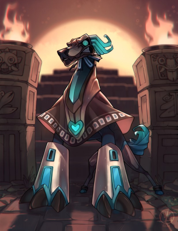 ambiguous_gender angry aztec blue_eyes blue_sclera clothed clothing detailed_background feral fire horn looking_down outside paws quadruped snarling solo standing teeth maaty-s american_mythology aztec_mythology mesoamerican_mythology mythology digital_media_(artwork) hi_res