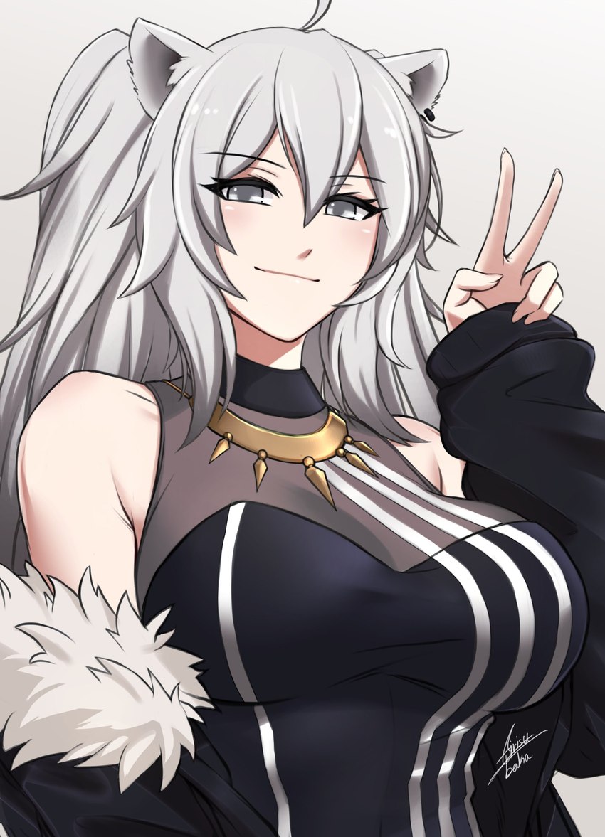 breasts clothed clothing ear_piercing female fur-trimmed_jacket fur_jacket fur_trim_(clothing) gesture grey_eyes grey_hair hair hand_gesture piercing solo v_sign airisubaka hololive vtuber shishiro_botan animal_humanoid felid felid_humanoid humanoid lion_humanoid mammal mammal_humanoid pantherine pantherine_humanoid 2021 hi_res