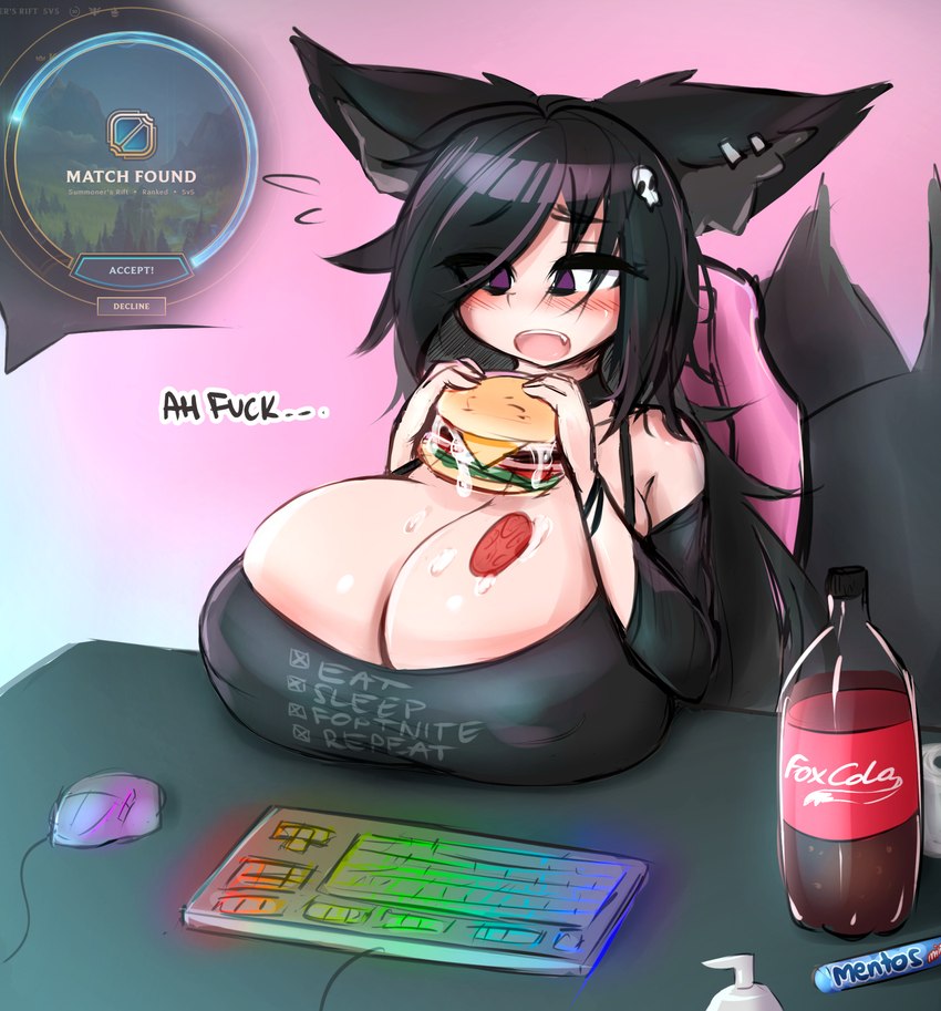 accessory beverage big_breasts black_hair blush blush_lines breasts burger cleavage clothed clothing computer_mouse dialogue ear_piercing eating fangs female food hair hair_accessory huge_breasts open_mouth piercing profanity purple_eyes rgb_keyboard shirt skull_accessory soda soda_bottle solo tail teeth text text_on_clothing text_on_shirt text_on_topwear topwear mochifoxxo league_of_legends mentos riot_games tencent nirya_(beetle_bug) animal_humanoid canid canid_humanoid canine canine_humanoid fox_humanoid humanoid mammal mammal_humanoid english_text hi_res