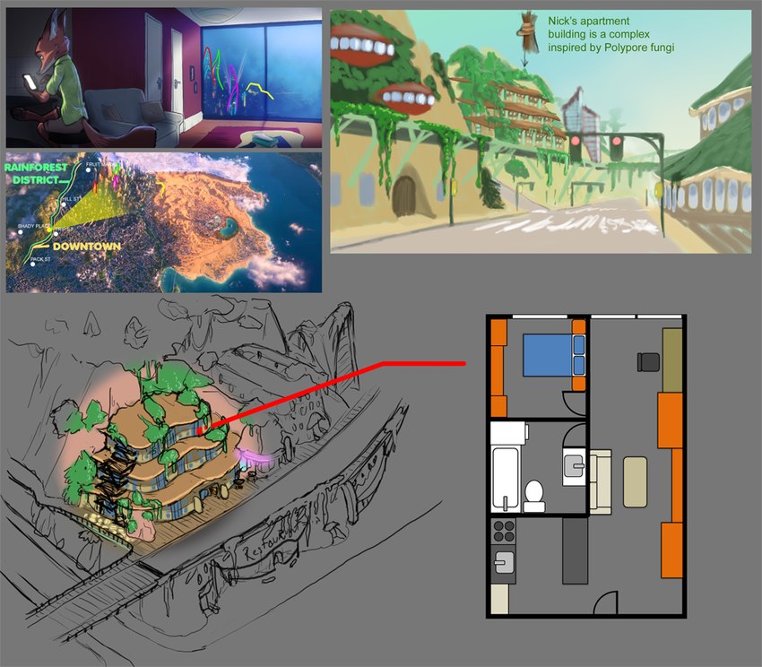 anthro apartment book cellphone city door electronics floor_plan furniture green_book looking_at_object looking_at_phone male map phone rug smartphone sofa solo street table text traffic_light window robcivecat disney zootopia nick_wilde canid canine fox mammal red_fox true_fox 2023 concept_art