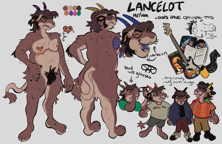 andromorph anthro blood bodily_fluids brown_body brown_fur chibi fur group guitar intersex male musical_instrument plucked_string_instrument string_instrument videonastyz army_of_darkness bovid caprine goat mammal hi_res model_sheet trans_(lore) trans_man_(lore)