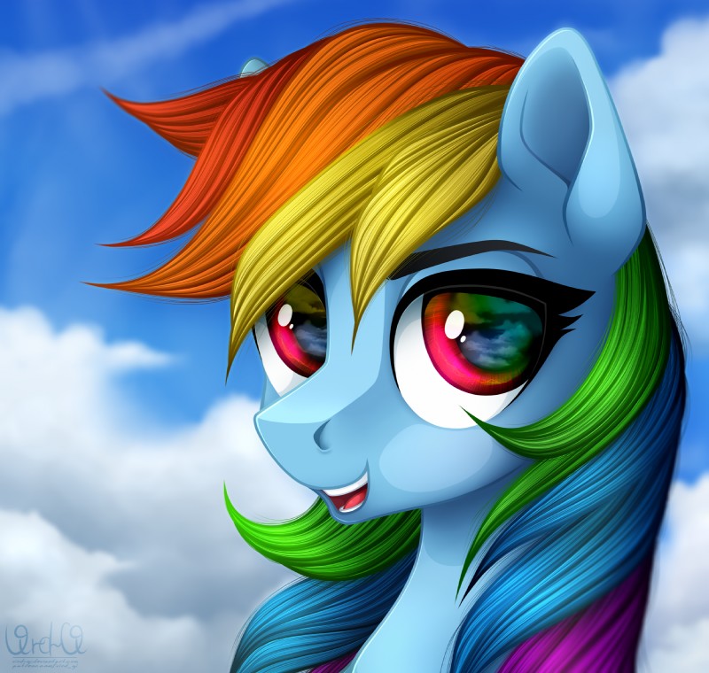 cloud eyebrows eyelashes female feral hair long_hair looking_at_viewer multicolored_hair open_mouth open_smile outside purple_eyes rainbow_hair sky smile solo teeth tongue vird-gi friendship_is_magic hasbro my_little_pony rainbow_dash_(mlp) equid mammal 2018 bust_portrait hi_res portrait watermark