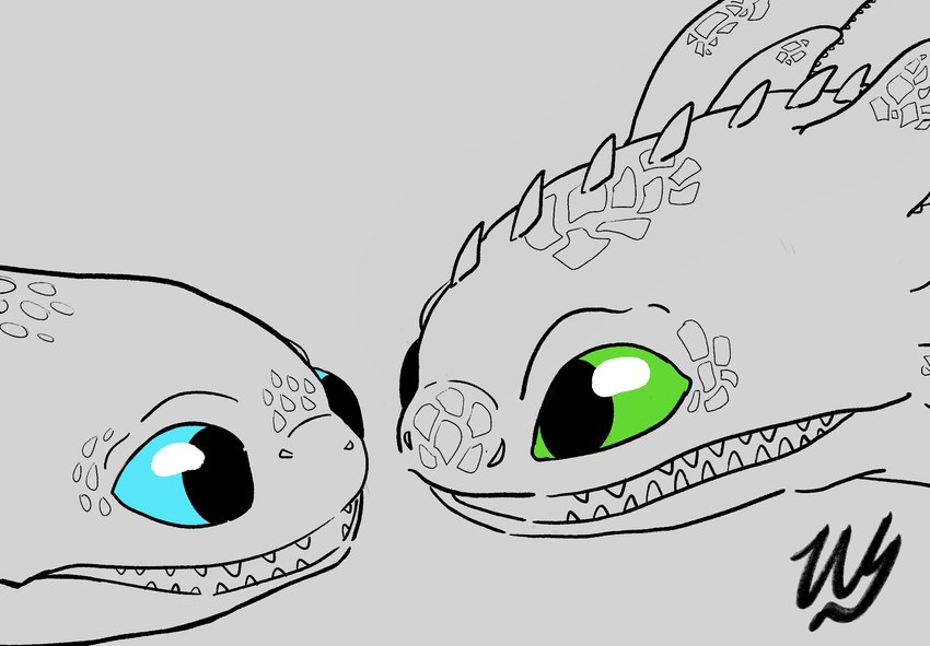ambiguous_gender blue_eyes duo feral green_eyes looking_at_another open_mouth scutes simple_background spines teeth wyrmling_(artist) dreamworks european_mythology how_to_train_your_dragon mythology nubless toothless dragon fury_(httyd) light_fury mythological_creature mythological_scalie night_fury reptile scalie western_dragon digital_drawing_(artwork) digital_media_(artwork) hi_res line_art signature