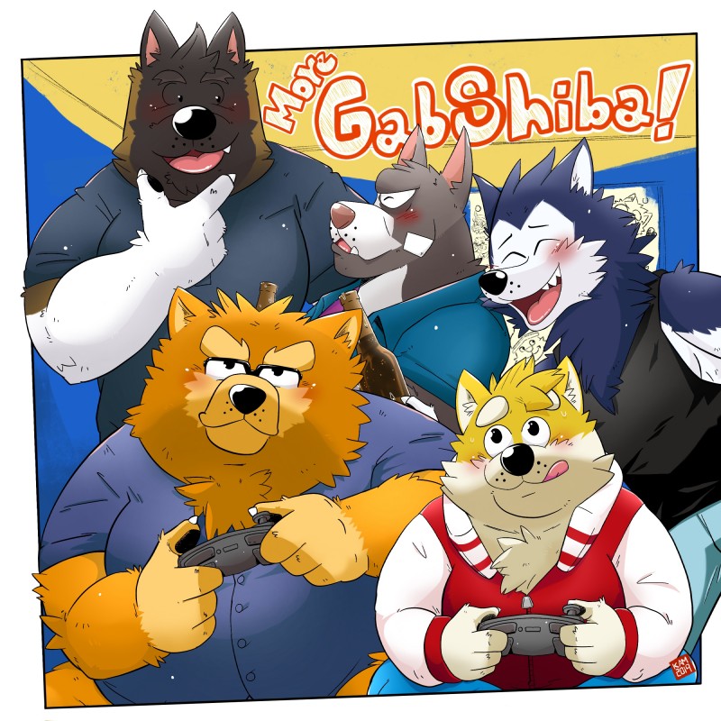 anthro belly black_nose blush clothing eyes_closed eyewear glasses group humanoid_hands male overweight overweight_male shirt text tongue tongue_out topwear kamui_shirow gab_(comic) bau_husky gab_shiba ruff_bull voff_akita wang_chow akita canid canine canis chow_chow domestic_dog husky mammal nordic_sled_dog pit_bull shiba_inu spitz 1:1 2019 absurd_res hi_res