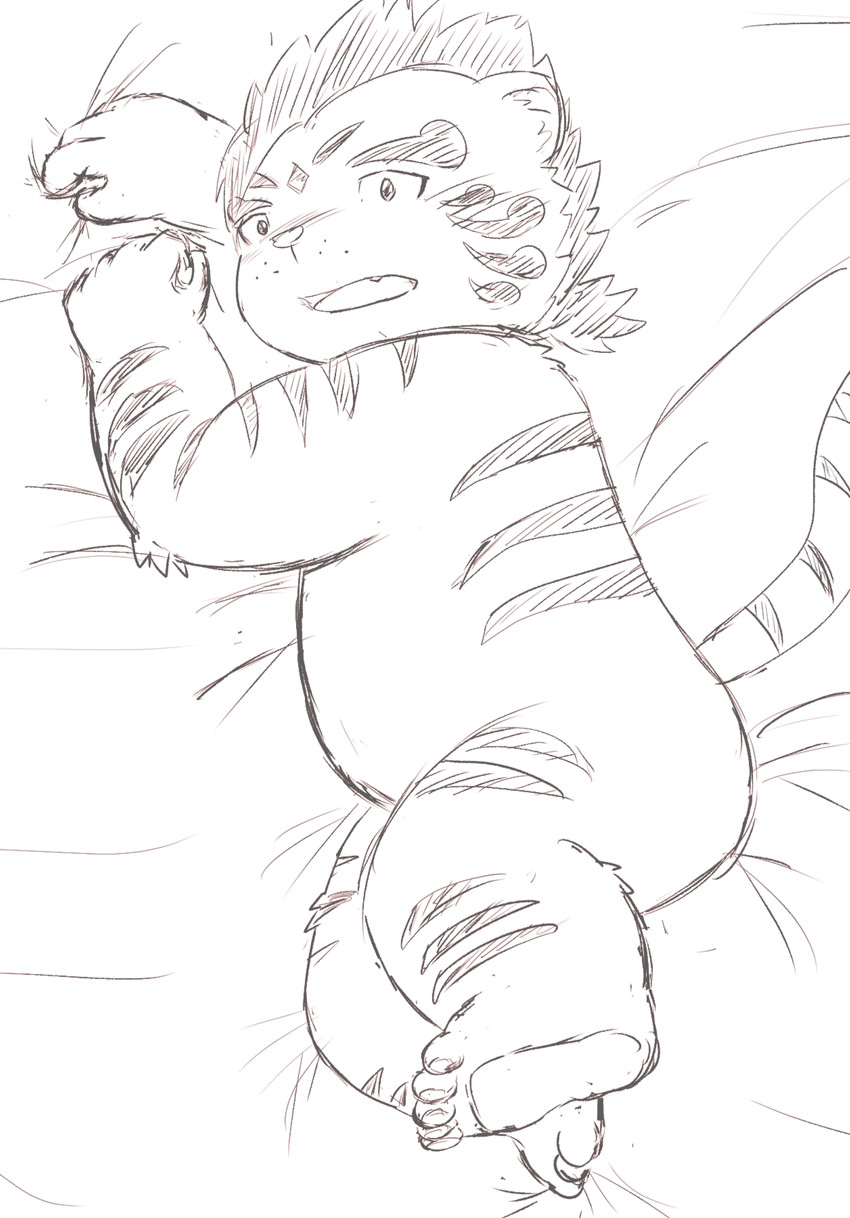 anthro bed belly blush butt furniture male slightly_chubby solo young young_anthro 5groo5 lifewonders tokyo_afterschool_summoners licho_(tas) felid mammal pantherine tiger 2020 hi_res