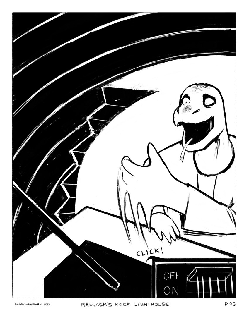 anthro border clothing electronics forked_tongue furniture male open_mouth radio radio_antenna shirt solo stairs surprised_expression table tongue topwear white_clothing white_shirt white_topwear worried worried_look sharkinthepark komo_(sharkinthepark) komodo_dragon lizard monitor_lizard reptile scalie 2025 absurd_res black_and_white comic hi_res monochrome