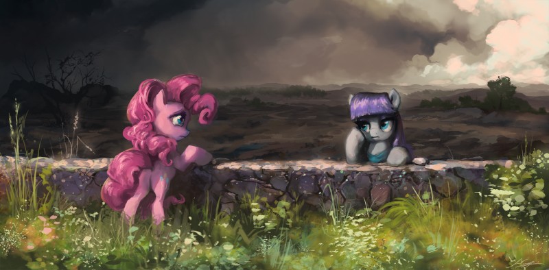 blue_eyes clothing cloud detailed_background duo female feral flower fur grass grey_body grey_fur hair landscape nature outside pink_body pink_fur pink_hair plant purple_hair sky smile huussii friendship_is_magic hasbro my_little_pony maud_pie_(mlp) pinkie_pie_(mlp) earth_pony equid equine horse mammal pony 2016 hi_res