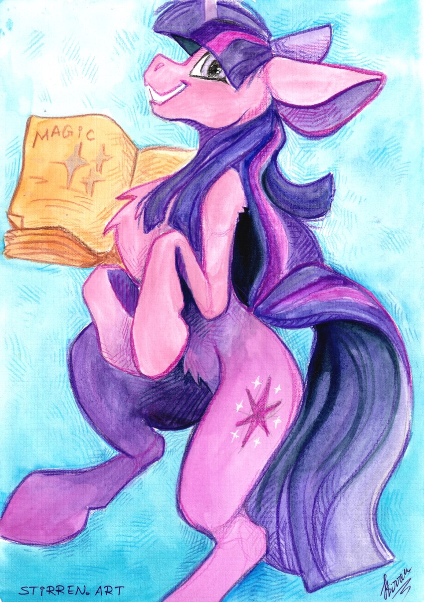 book ears_back female feral hooves horn looking_at_viewer pivoted_ears smile solo stirren friendship_is_magic hasbro my_little_pony mythology twilight_sparkle_(mlp) equid equine horse mammal mythological_creature mythological_equine pony unicorn hi_res traditional_media_(artwork)