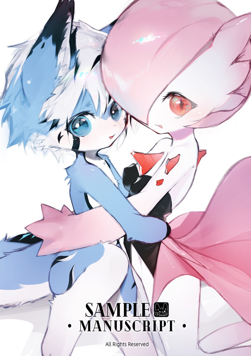 anthro blue_body blue_eyes blue_fur bottomless breasts bustier clothed clothing duo female fur hair hug inner_ear_fluff looking_at_viewer lying nude open_mouth paws pink_eyes pink_hair simple_background smile tail text tuft white_hair ketchup_coke nintendo pokemon canid canine gardevoir generation_3_pokemon mammal pokemon_(species) 2024 absurd_res english_text hi_res watermark