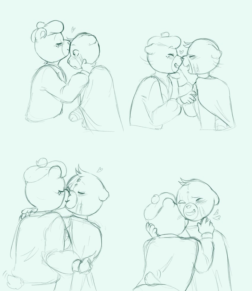 anthro bandage blush duo eyes_closed forehead_kiss hug kissing nose_kiss scar simple_background abbytabbys unicorn_wars azulin_(unicorn_wars) cabo_pompon_(unicorn_wars) bear mammal 2023 hi_res sketch