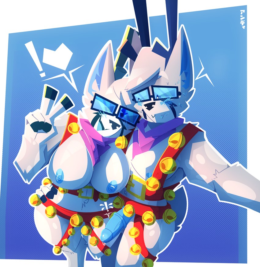 5_fingers anthro anthro_on_anthro antlers becoming_erect bell bell_harness belly_tuft big_breasts black_eyes black_nose blue_antlers blue_background blue_body blue_eyewear blue_fur blue_glans blue_glasses blue_inner_ear blue_nipples blue_penis blush border breasts crossgender cute_fangs exclamation_point eyewear fangs female fingers fur genitals gesture glans glasses grey_body grey_fur half-erect hand_gesture harness heart_symbol hip_grab hooved_fingers hooves horn humanoid_genitalia humanoid_penis hybrid_genitalia hybrid_penis intraspecies kerchief looking_at_another looking_at_viewer looking_down male male/female medial_ring medial_ringed_humanoid_penis medial_ringed_hybrid_penis mostly_nude mtf_crossgender nipples one_eye_closed open_mouth penis pie_cut_eyes pose pupils purple_kerchief selfcest simple_background smile speech_bubble square_crossover teeth thick_thighs tuft v_sign vein veiny_penis white_body white_border white_fur white_pupils wide_hips wink skweekers happy_nude_deer spot_(skweekers) deer mammal 2024 hi_res