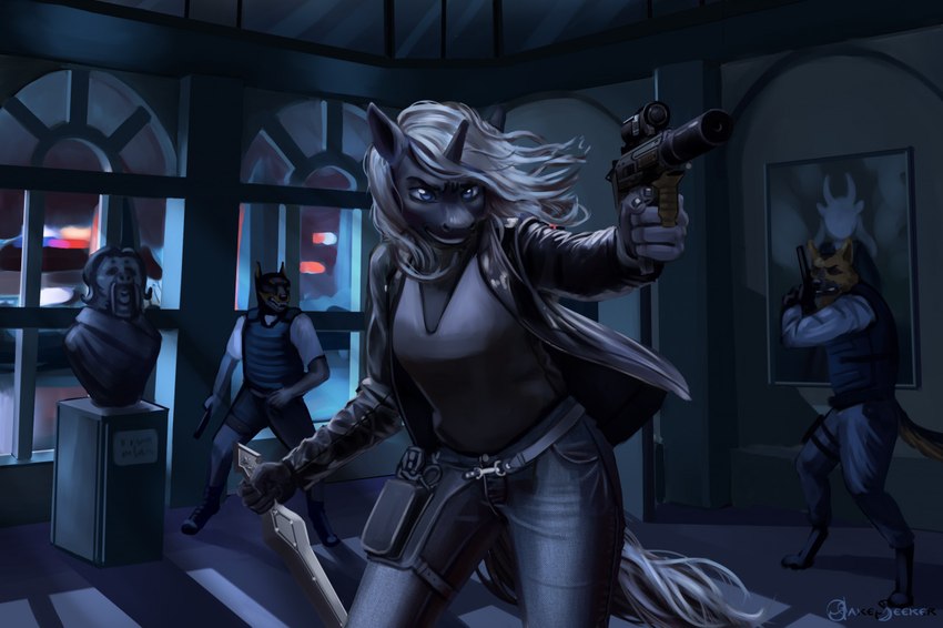 anthro black_body black_fur bottomwear city city_background clothed clothing dagger detailed_background female fingers fur furniture guard gun hair holding_object holding_weapon horn jacket leather leather_clothing leather_jacket leather_topwear machine_gun male melee_weapon mp7 museum night open_mouth painting pants police police_uniform ranged_weapon robbery sculpture solo standing statue topwear uniform weapon white_hair jakeseeker heckler_and_koch mythology gloria_inverse canid canine canis dobermann domestic_dog equid equine german_shepherd herding_dog horse mammal mythological_creature mythological_equine pastoral_dog pinscher unicorn