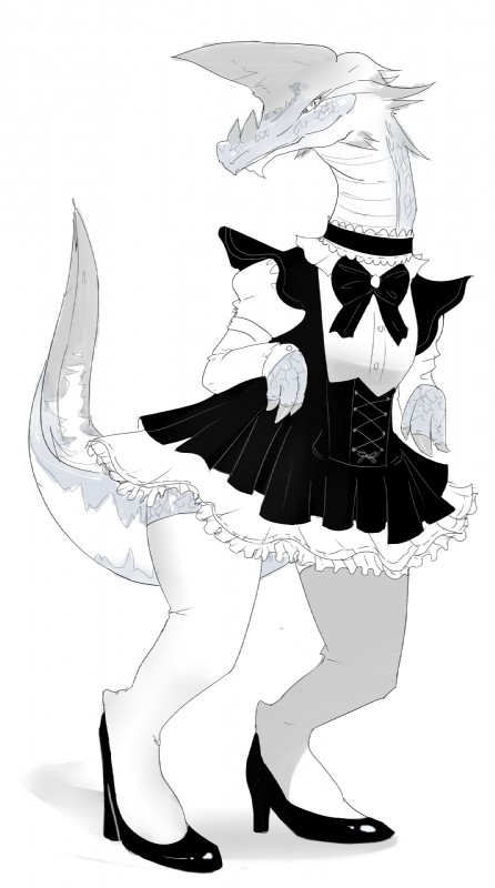 ambiguous_gender clothing digitigrade digitigrade_heels feral footwear high_heels legwear maid_uniform pumps shoes simple_background solo stockings uniform unusual_heels white_background wide_hips unknown_artist capcom monster_hunter bird_wyvern great_baggi hi_res monochrome