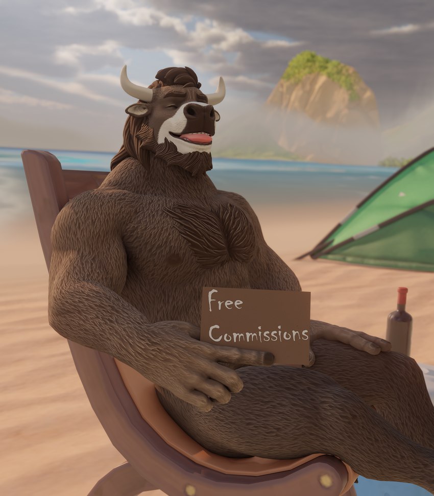 anthro beach beard big_penis brown_body brown_fur chair facial_hair fur furniture genitals hair horn male muscular nipples nude nude_beach on_chair pattern_background pecs penis rope seaside simple_background sitting sitting_on_chair solo text water buruthebull buru_(buruthebull) 3d_(artwork) absurd_res digital_media_(artwork) english_text hi_res