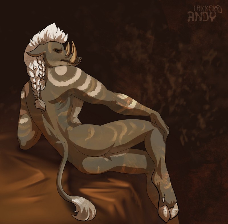 anthro arm_support athletic athletic_anthro athletic_male bed bedding biped black_eyes braided_hair brown_background brown_body brown_countershading brown_fur brown_tail butt butt_focus cloven_hooves countershade_torso countershading ears_back fur furniture hair hand_on_knee hand_on_leg hooves humanoid_hands leaning_on_elbow looking_at_viewer looking_back lying male markings nude on_bed pig_nose pivoted_ears ponytail pose rear_view simple_background sitting solo tail tail_tuft tattoo textured_background tribal tribal_markings tribal_tattoo tuft tusks white_hair white_hooves white_markings andytakker babirusa mammal suid suine 2017 digital_media_(artwork) full-length_portrait hi_res pinup portrait watermark