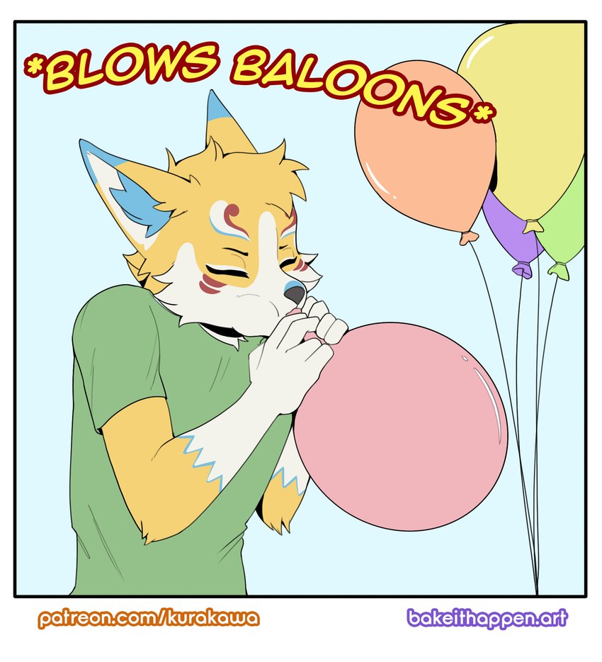 anthro biped blowing_balloon clothing eyes_closed facial_markings green_clothing green_shirt green_topwear head_markings male markings shirt slim_anthro slim_male solo topwear kurarifox kurari_(deruu) canid canine fox mammal 2024 hi_res