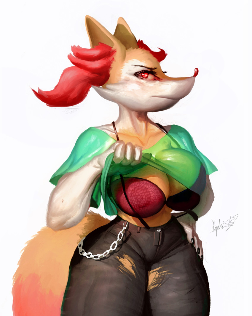 4_fingers anthro big_breasts bra bra_through_clothing breasts chain clothed clothing colored_nails female fingers frown fur inner_ear_fluff legwear nails nipples red_eyes simple_background solo tight_clothing translucent translucent_clothing tuft underwear yellow_body venjiiart nintendo pokemon braixen canid canine generation_6_pokemon mammal pokemon_(species) digital_media_(artwork) hi_res